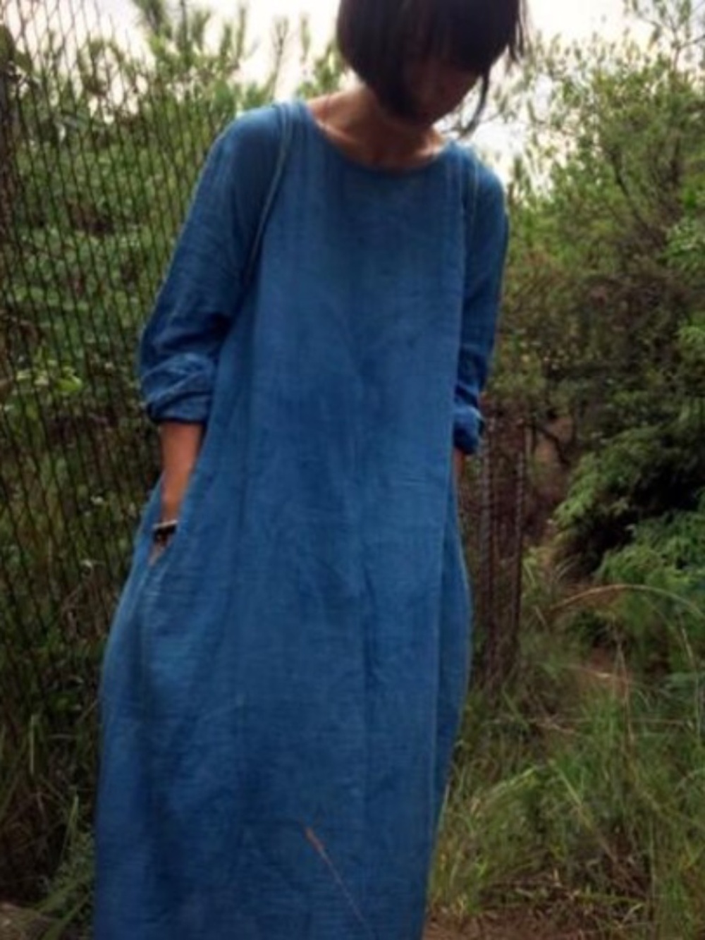 hand-dyed indigo long sleeve robe dress handmade